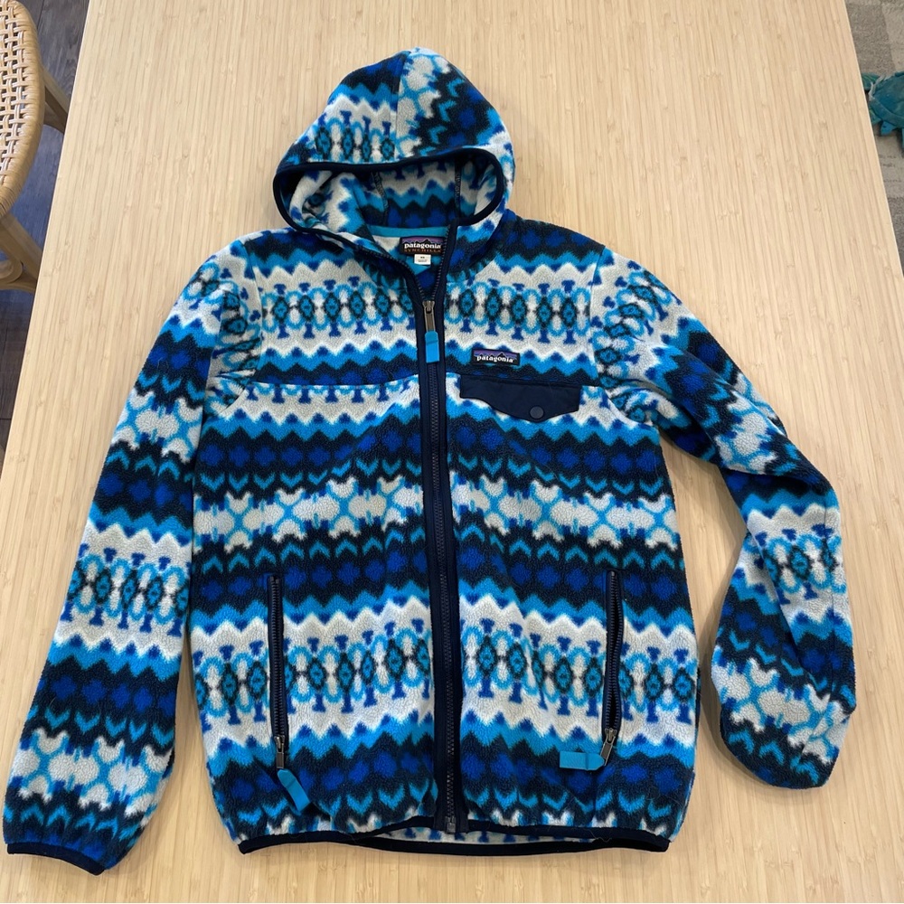 Patagonia blue pattern fleece zip up sweater hoodie xs